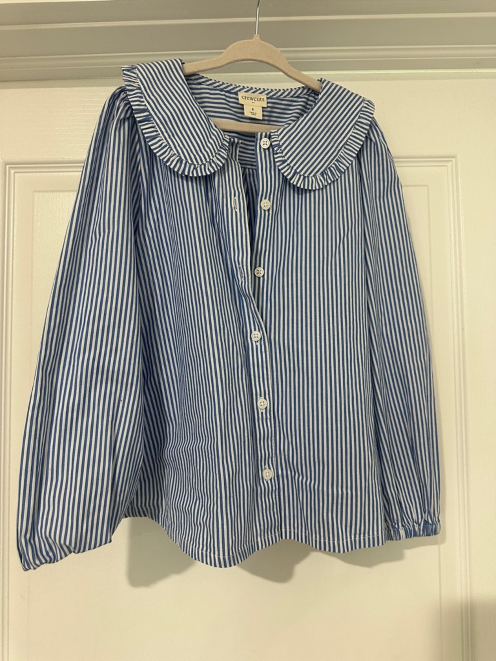 Blue and White Striped Button-Up Blouse with Peter Pan Collar